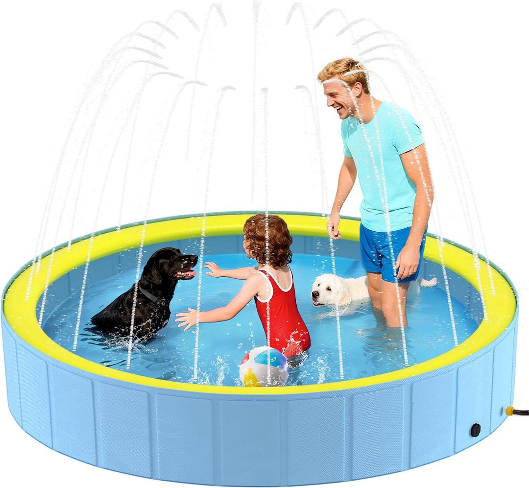 Heeyoo Foldable Dog Pool with Sprinkler for Large Dogs, Portable Hard Plastic PVC Pet Bathing Tub, Outdoor Collapsible Swimming Pool for Pets, 97'' x 16''