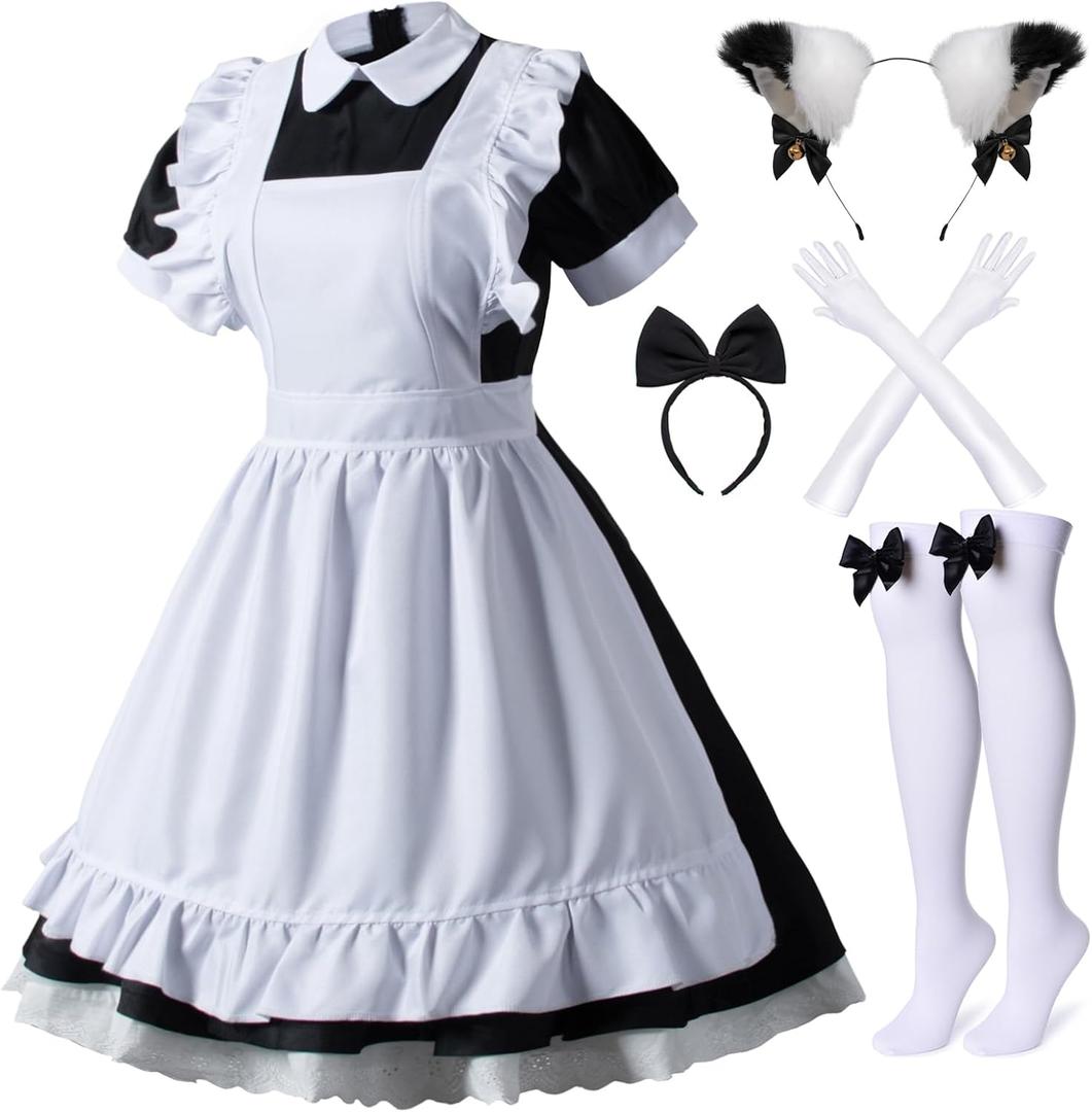 Japanese Anime 6Pcs Lolita French Maid Apron Fancy Dress Cosplay Costume Gloves Headwear Socks Set(Black 3XL)