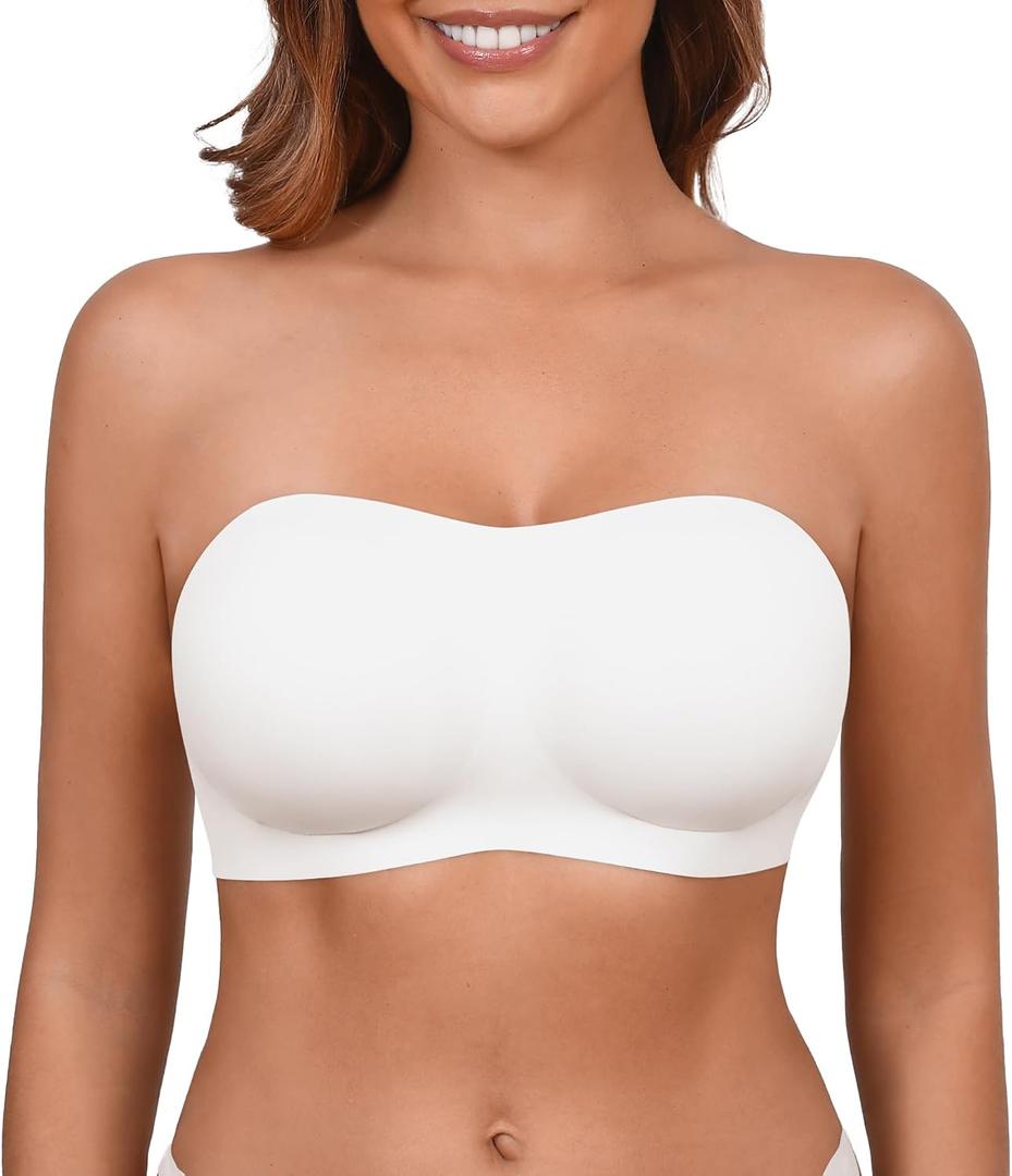 DEANGELMON Strapless Bras for Women Seamless Padded Bandeau Bra Non-Slip Silicone Tube Top Wireless Push Up Convertible Bralettes(White,XXL) (XXL)