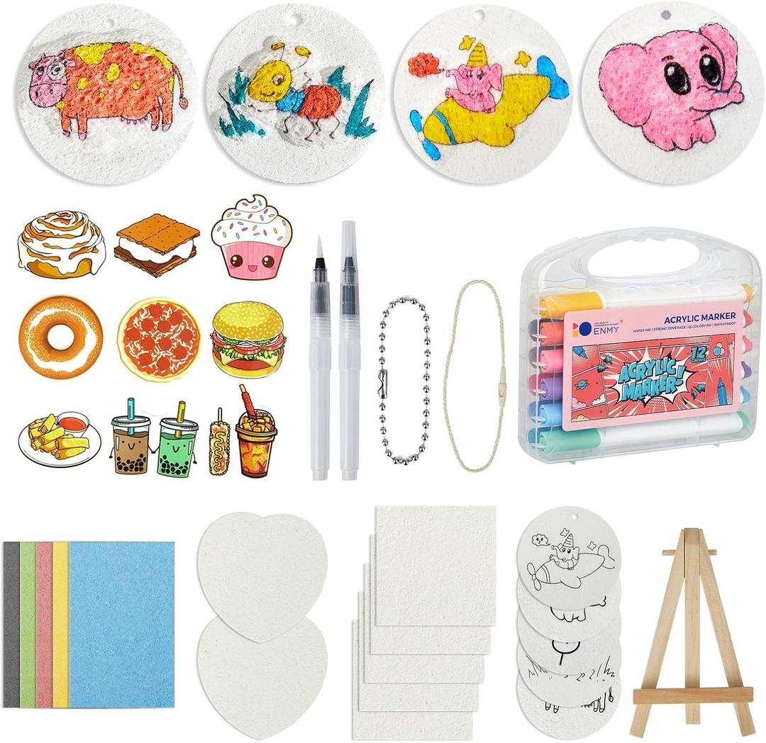 HICFRWE Magic 3D Foam Texture Painting Kit 56 Pcs Puffy Painting Kit Included 12 Colors Acrylic Maker Pen, 2 Water Brush Pen, 3D Drawing Magic Canvas Sponge, Christmas Stocking Stuffers Gifts