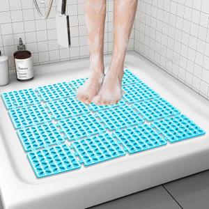 Shower Mat Non Slip24"X24" Bathtub Mat Non Slip Square Shower Mats for Inside Shower with Drain Holes Suction Cups, Quick Drain, TPE Shower Floor Mat for Elderly & Kids (Blue)