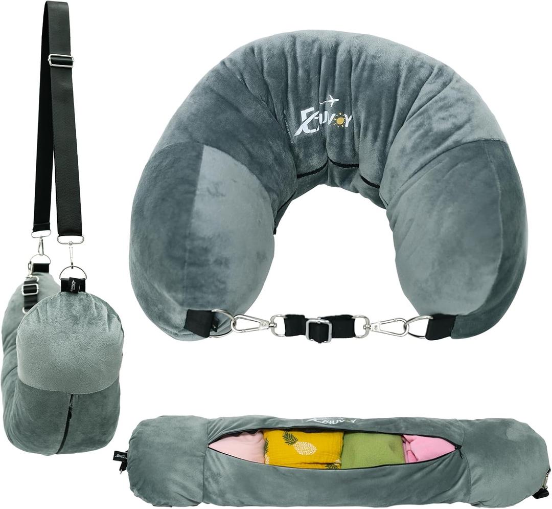 Travel Neck Pillow Stuffable with Clothes, Stuffable Neck Pillow for Travel, Packable Fillable Storage Bag for Airplane Travel, Soft Velvet Neck Pillow Case Cover (Grayish Green)