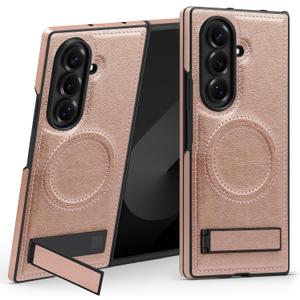 Magnetic Kicstand for Samsung Galaxy Z Fold 7 Case Compatible with MagSafe Charging Ultra Slim Premium Leather Invisible Stand Military Grade Drop Protection Shockproof Case, Rose Gold