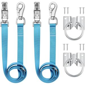 Cross Ties for Horse,Heavy Duty Nylon Horse Trailer Tie with Strong Panic Snap and Bull Snap,Adjustable from 45.2" to 78.7" Hanging Strap with 2 Pcs Tie Rings and Screws (Blue)