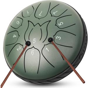 Steel Tongue Drum 11 Notes 6 Inches Rain Drum for Outside with Bag, Music Book, Drum Mallets, Mallet Holder, Finger Picks, Steel Drum for Yoga, Meditation, Prenatal Education (Green)