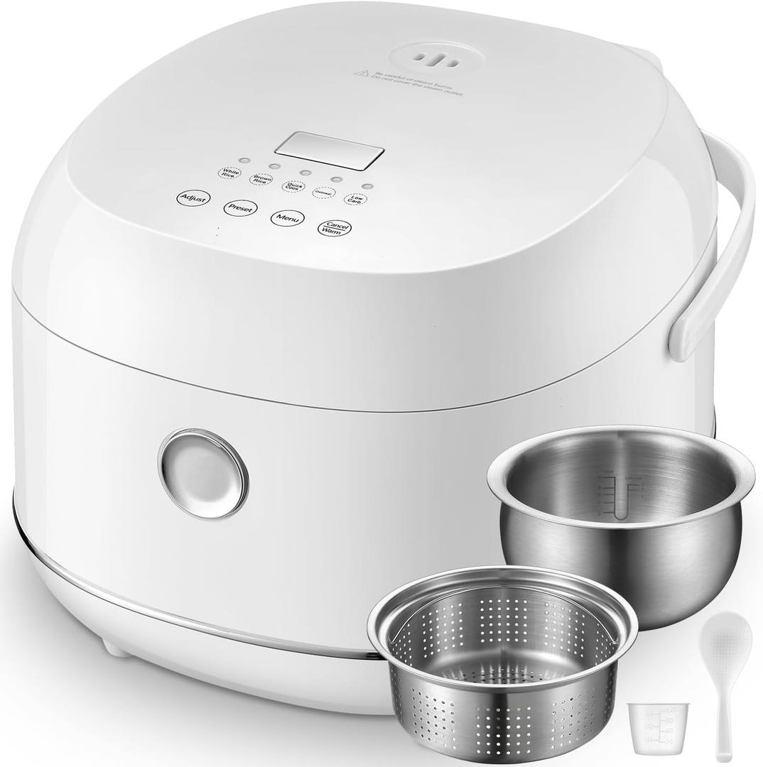 Novaspark Stainless Steel Rice Cooker Small 6 Cup (Uncooked) / 12-Cup (Cooked) with Stainless Steel Inner Pot, Compact Mini Rice Cooker Small Kitchen, Low Carb Rice Maker, 24H Timer and Auto Keep Warm