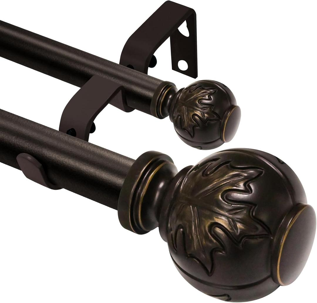 Heavy Duty Adjustable Double Curtain Rod for Windows 48 to 84 Inches  1 Inch Diameter Decorative Rods with Maple leaf Finials & Sturdy Brackets for Living Room, Bedroom  Easy to Install, Bronze