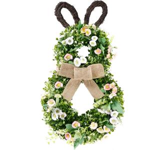 Sggvecsy 24 Inch Easter Bunny Wreath Spring Bunny Shaped Artificial Flower with Greenery Colorful Daisies Bow Knot for Front Door Summer Farmhouse Holiday Wall Home Window Decor