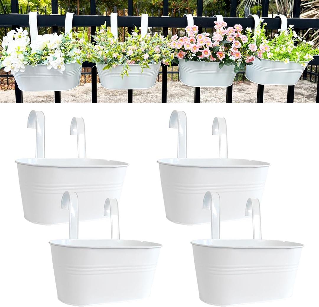12" Balcony Railing Planters, Outdoor Hanging Planter for Fence, Stylish Metal Porch Deck Flower Pot for Herbs & Succulents (White, Pack of 4)