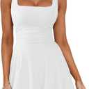 HOCILLE Women's Sexy Square Neck Mini Dresses Sleeveless Ruched Waist Ruffle Hem Club Party Short Dress