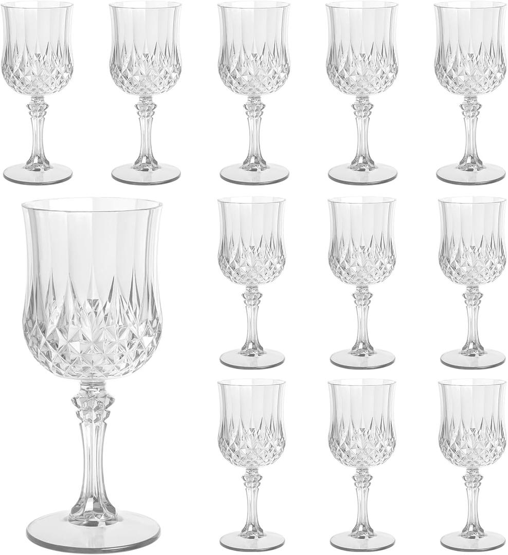 Plastic Wine Glasses Set of 12, 7.7 oz Reusable Plastic Goblets, Hard Plastic Stemware for Wedding, Party, Events, Elegant Shatterproof Drinking Glasses, Clear