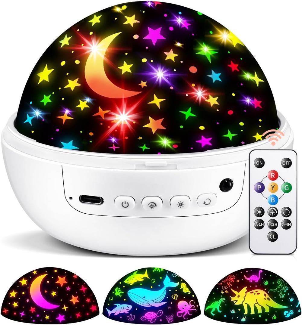 COOLNIGHT Boy Room Decor, 93 Lighting+3 Films Toddler Room Decor, Remote+Dimmable+360° Slient Nightlight for Baby Nursery, Starry Night Light Up Toys, Moon Projector (White)