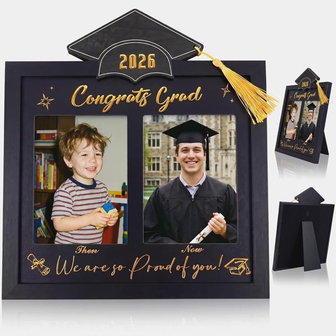 Wenqik Then and Now Graduation Picture Frame Double 5x7 Photo Frame Class of 2026 Graduation Gifts for Son Daughter High School College Graduates Wooden Photoframe Graduate Keepsake(Gold,Grad Cap)