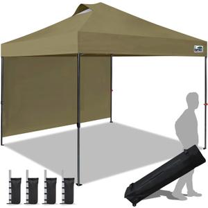 Eurmax USA NOMATTER ONE-Person Open&Close 10x10ft Pop Up Canopy Tent,Portable Shelter Canopy for Outdoor Events with 1 Removable Sidewall,Instant Canopies,Temporary Sunshade,Bonus 4 Sand Bags(Khaki)