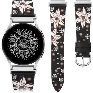 Minyee Leather Bands Compatible with Samsung Galaxy Watch 7 Band/Watch FE 6 5 4 40mm 44mm/Watch 5 pro Band 45mm/Watch 6 4 Classic 47mm 43mm 42mm 46mm, Boho Embossed Sunflower Designer 20mm Watch Band (Black Band / White Floral)
