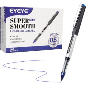 EYEYE 25 Pack 0.5mm Blue Rollerball Pens Extra Fine Point Quick Dry, Liquid Ink Pens Fine Point Smooth Writing Pen for Journaling, Note Taking, Office, School Supplies