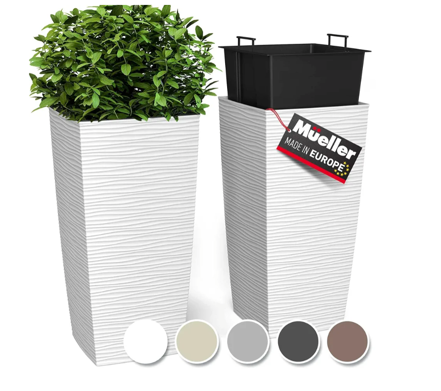 Mueller M-Resin Heavy Duty Tall Planters for Outdoor Plants, Indoor Grande Plant Pots, Boxes, Trees, Flower Pots, 2-Piece Set, 24”, Modern Design, Built-in Drainage, Front Porch Decor, White