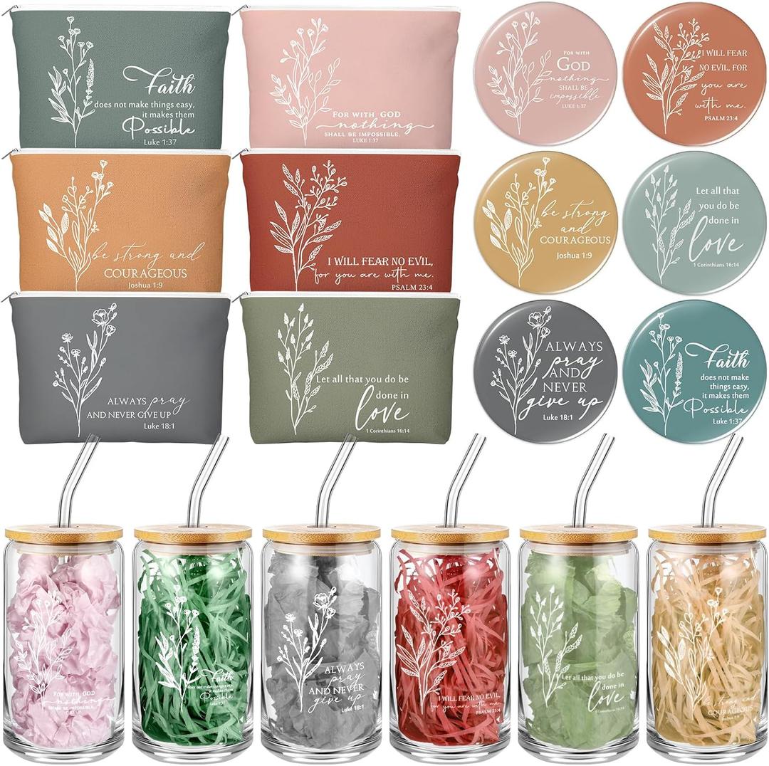 Fumete 6 Set Christian Gift for Women Bulk Religious Makeup Bag Glass Bible Verse Cup Mini Christian Compact Mirror Gifts for Church Members Women Basket Stuffers(Bright Colors)