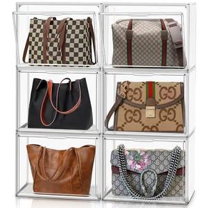 12 Pack Purse Organizer for Closet Size 14 Shoe Storage Box Stackable Acrylic Display Case Handbag Organizer with Magnetic Lid Transparent Storage Container for Sneaker, Boots, Hat, Book, Collectibles