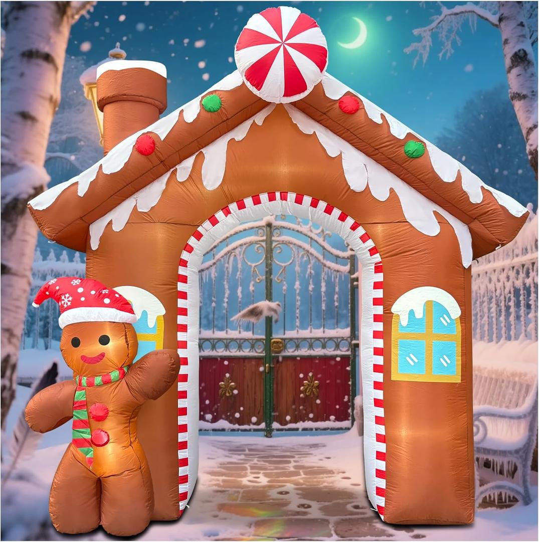 10FT Christmas Inflatables Gingerbread House Archway, Blow up Christmas Inflatables Archway with Gingerbread Man Outdoor Decorations with Build-in LED Lights for Garden Lawn Porch Holiday Party Decor