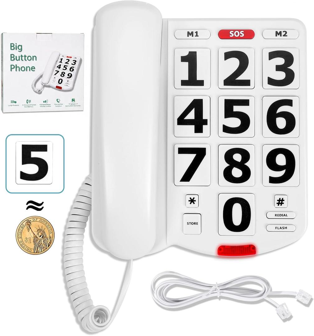 Large Number Phones for Seniors, Big Button Land Line for Seniors, 110dB+ Ringer Volume & 80dB+ Earpiece Volume, High Volume Phone, Hearing & Visually Impaired Telephone Landline Phones for Elderly