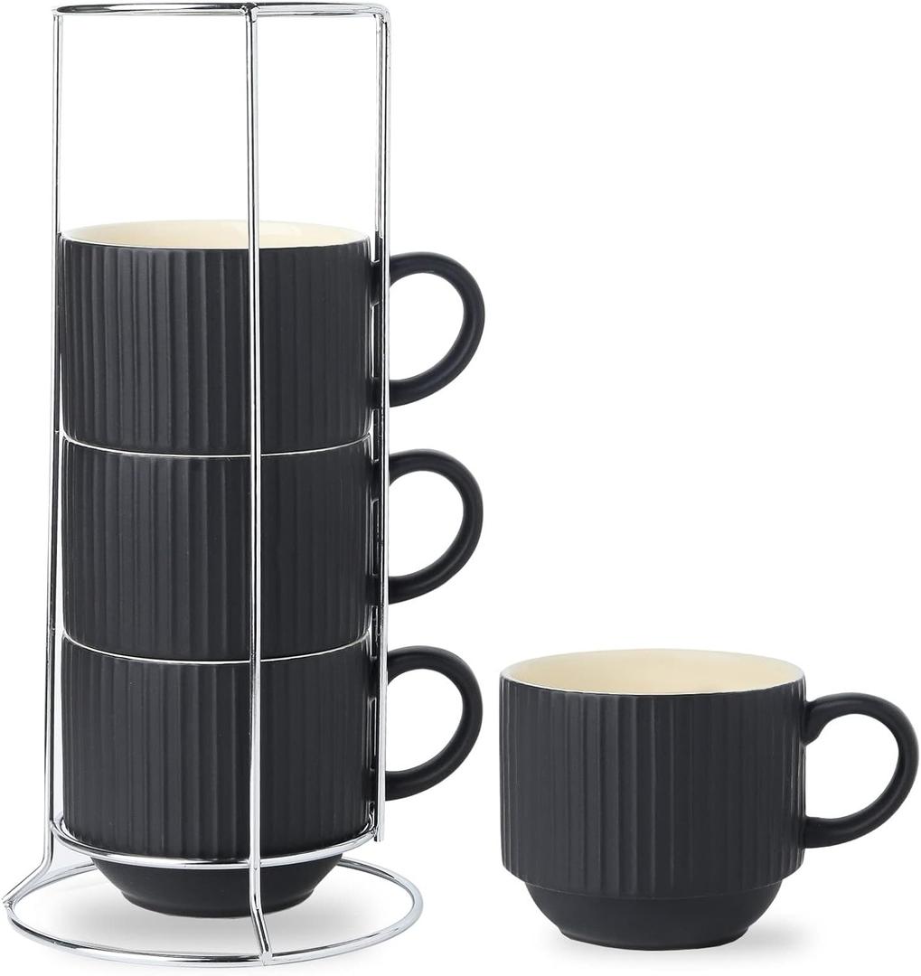HASENSE Coffee Mug Ceramic Set of 4 with Stand - 15 oz Stackable Large Porcelain Ribbed Latte Cup Set for Cappuccino, Tea, Hot Cocoa, Drinks - Dishwasher & Microwave Safe, Black