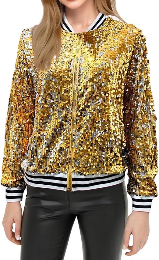 women's glitter baseball jacket zipper long sleeve sequin blazer elegant short jacket short jacket rave jacket outdoor bomber jacket, M