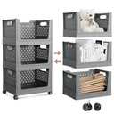 Stackable Storage Bins, Foldable Closet Organizers and Storage Bins Box, Plastic Shelves Drawer Organizer Container for Closet Office Bedroom Kitchen Bathroom with Wheels, Grey, 3 Pack
