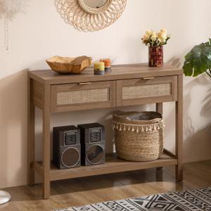 SICOTAS Console Table with Rattan Drawers - Boho Rattan Entryway Table with Storage, Small Console Tables for Entryway, Entry Tables for Hallway (1 Piece, Reclaimed Caramel Oak)