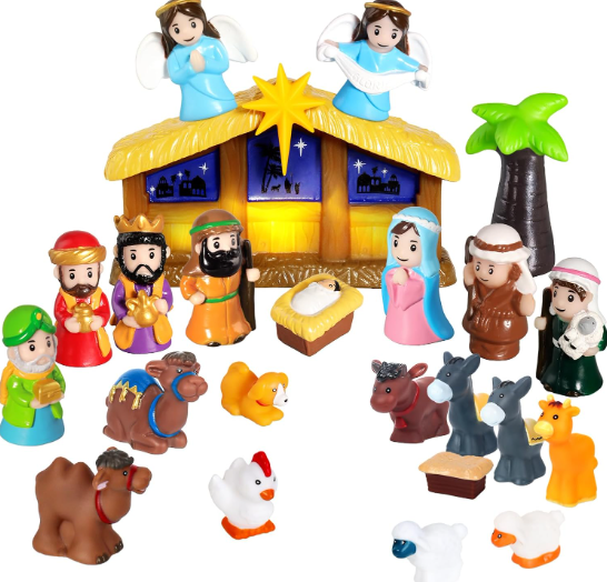 Nativity Set with Lights, 25 PCS Kids Nativity Playset Small Nativity Sets & Figures for Pretend Play, Unbreakable Christmas Manger Scene for Kids, Children, Toddler, Xmas Decoration