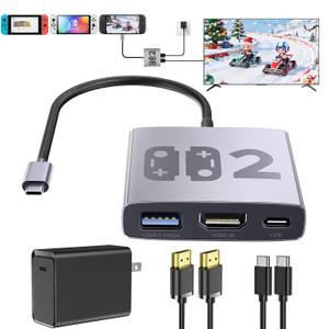 4-in-1 Switch 2/1/OLED Dock Set, Bemkiru Portable Travel Dock Adapter for Nintendo Switch 2 with HDMI 4K@60Hz, USB 3.2 & PD 100W Port, 65W Power AC Charger & HDMI & 5FT USB-C Cable
