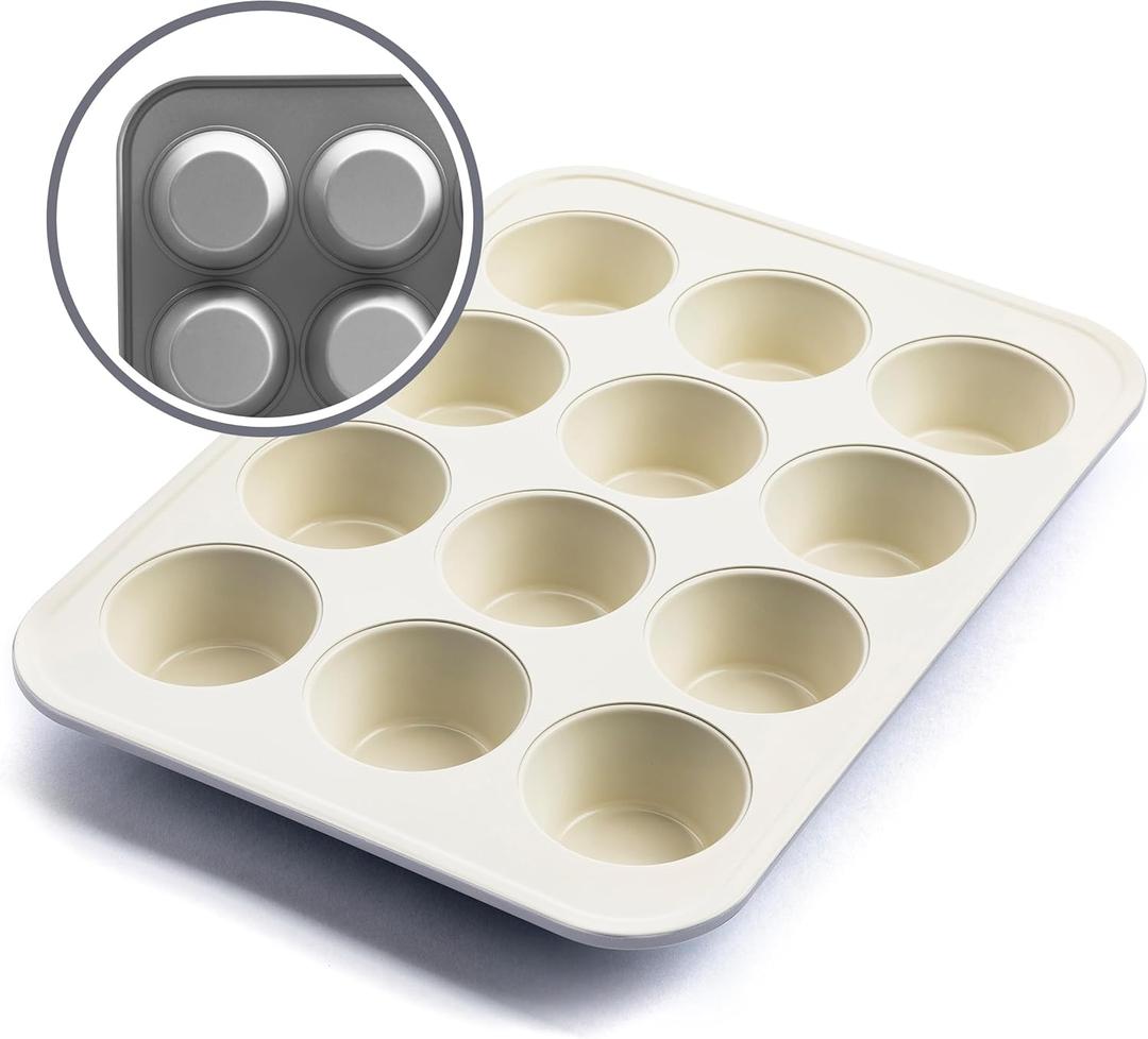 GreenLife 12-Cup Muffin Pan, PFAS-Free Healthy Nonstick Baking Tray, 11.4" x 1.9" x 15.9", Durable Ceramic Bakeware, Cupcakes, Egg Bites, Tarts, Brownies, Gray