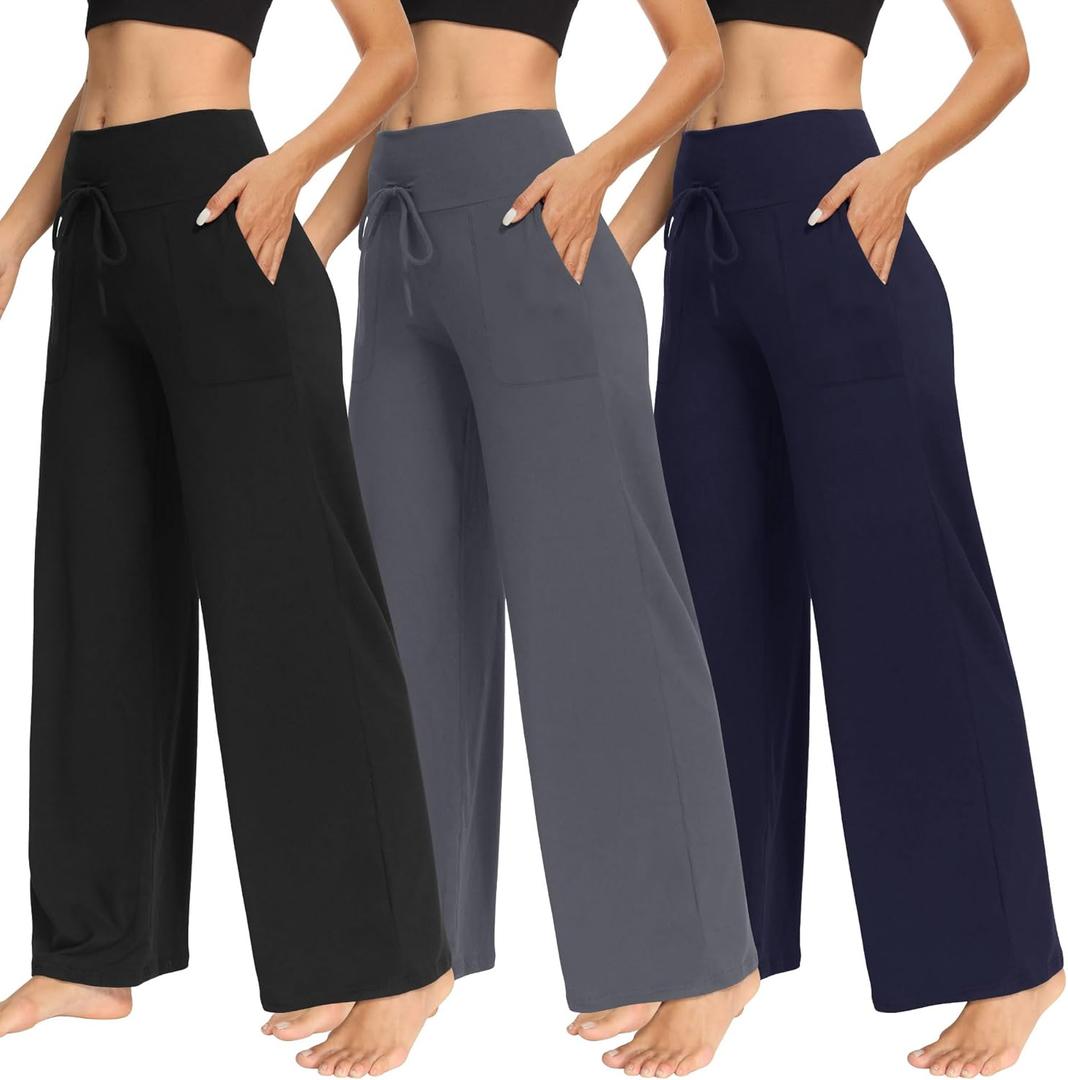 TNNZEET 3 Pack Women's Wide Leg Pants with Pockets - Casual Loose Yoga Trouser Pants Sweatpants Palazzo Lounge Pajama Pants (Large, Black, Grey, Navy Blue)