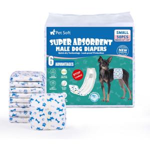 Pet Soft Male Dog Diapers - Disposable Male Dog Wraps Wetness Indicator, Puppy Diapers Male for Excitable Urination or Incontinence, 50pcs Small