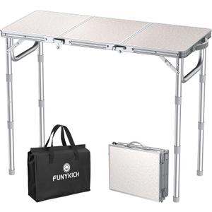 FUNYKICH 3ft Folding Camping Table with 3 Adjustable Height, 34.2'' Lx15.7'' W Portable Picnic Tables, Lightweight Aluminum Outdoor Table with Carry Handle for Camping, Backyard BBQ, Picnic, Beach