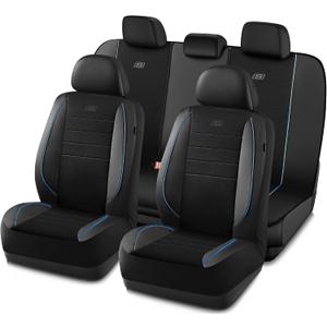 Skechers Air-Cooled Memory Foam Seat Covers,Mesh Thick Car Seat Covers,Piping Leather Car Seat Cover,Airbag Compatible,Automotive Comfort for Most Cars, Vans, Trucks, SUV(Blue,Full Set)