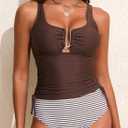 Aleumdr Women's Textured Tankini Swimsuits Tummy Control Ruched U-Wire Cutout Two Piece Bathing Suits with Bottom (Brown, L)