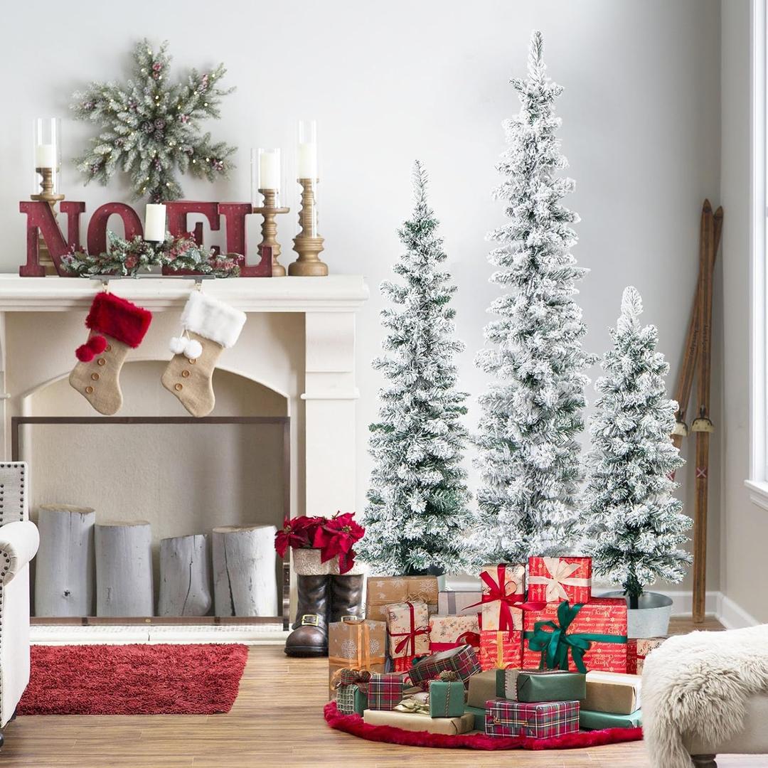 HAPPYGRILL Potted Artificial Christmas Tree Set of 3, Snow-Flocked Pencil Xmas Trees w/ 120 & 140 & 160 Branch Tips, Silver Metal Buckets