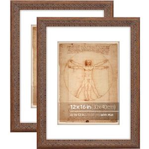 12x16 Antique Bronze Ornate Vintage Picture Frame, With Mat for 9x12 inches photos or Posters, Plexi glass Protection, 2 Pack