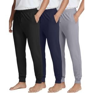 Real Essentials 3 Pack: Men's Soft Lounge Sleep Joggers - Pajama Pants Drawstring & Pockets (Available in Big & Tall) (L)