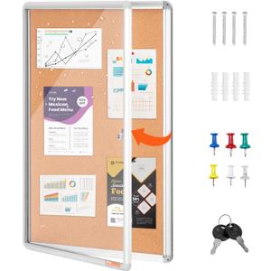 VEVOR 36"x24" Enclosed Cork Board with Aluminum Frame Lockable Bulletin Board with Acrylic Door & 2 Keys Weather-Resistant Wall Display Case for School, Home, Office