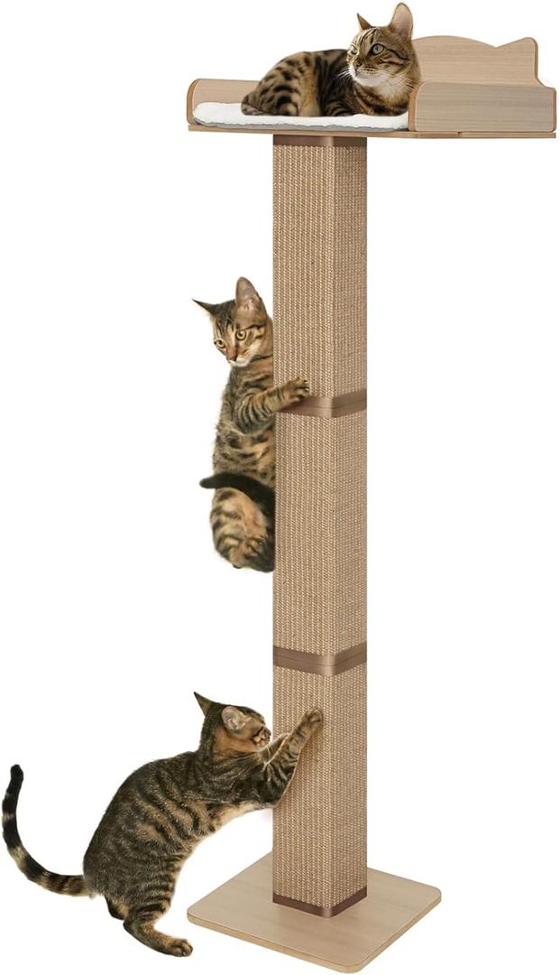 Cat Window Perch with Thick Sisal Scratching Post, Cat Hammock for Window, 53.5" Adjustable Tall Cats Scratching Post with 2 Upgrade Suction Cups, Cats Window Bed with Fluffy Cushion, Jute