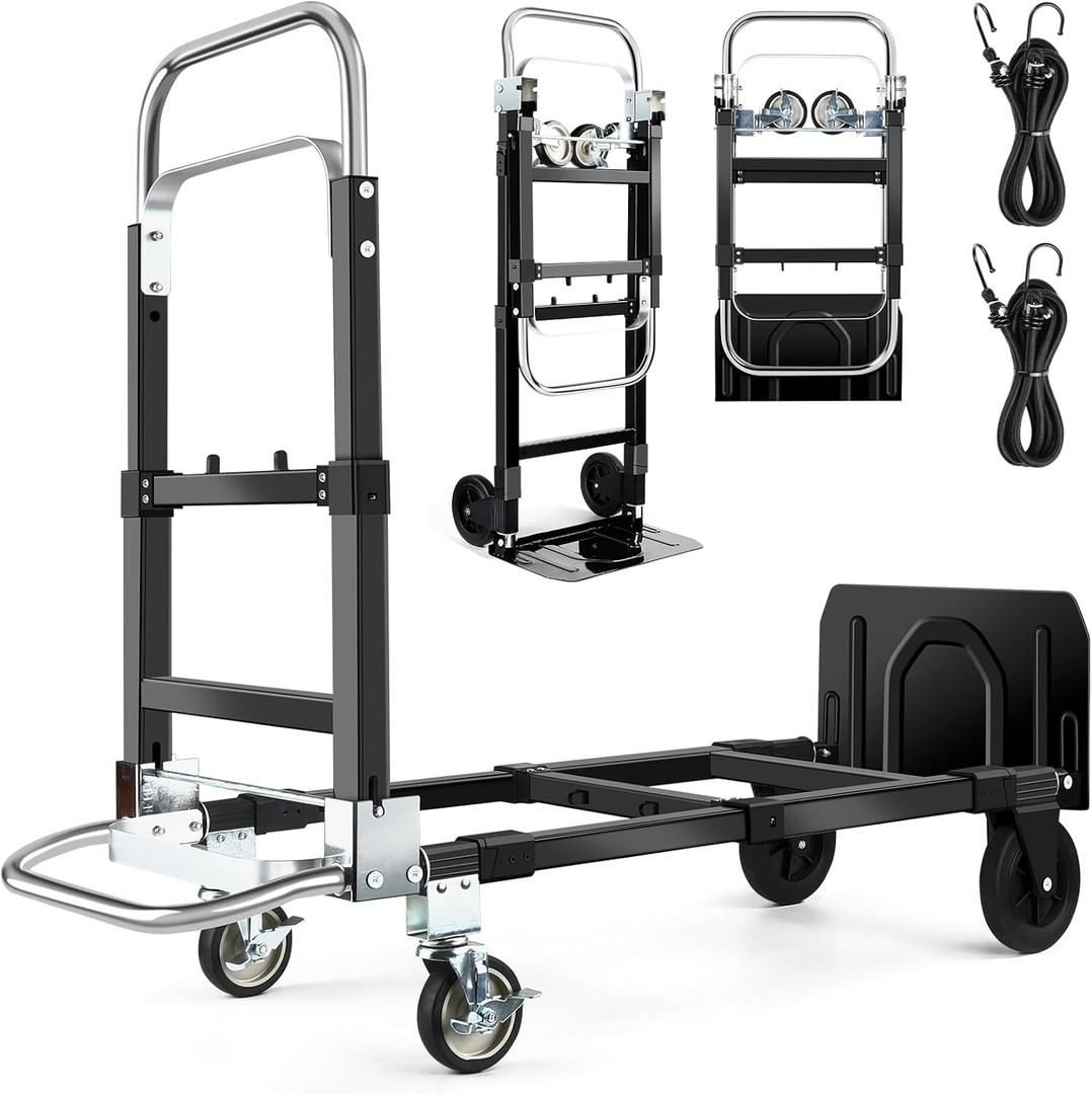 3 in 1 Convertible Hand Truck Dolly with Brakes,Heavy Duty Folding Hand Truck with 600LB Capacity,Portable Dolly Cart with Rubber Wheels and Telescoping Handles for Moving(Black)
