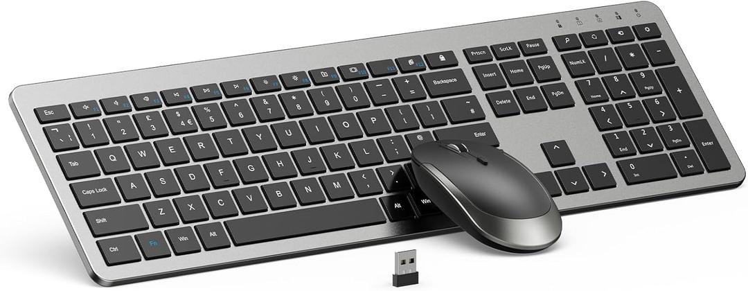 Wireless Keyboard and Mouse Combo - Full Size Slim Thin Wireless Keyboard Mouse with Numeric Keypad 2.4G Stable Connection Adjustable DPI (Grey & Black)