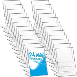 Thyle 24 Pieces Acrylic Sign Holder L Shape Clear Sign Stand 3.5 x 5 Inch Plastic Picture Frames Holder Slant Back Countertop Display Suitable for Home Restaurant Wedding Office Table Photos Menu