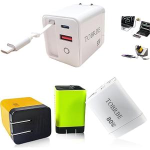 Tobre 3 in 1 GaN Charger, Scalable 80W Max Fast Charging Block with Retractable Type-C Cable & 2 USB Ports, All-in-One Wall Charger for iPhone 16/15/14, Galaxy S25, Pixel,Laptops (White, 70)