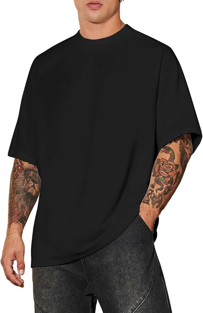 Verdusa Men's Oversized Shirts Short Sleeve Loose Fit Casual Solid Basic Tee Tops (Black, XL)
