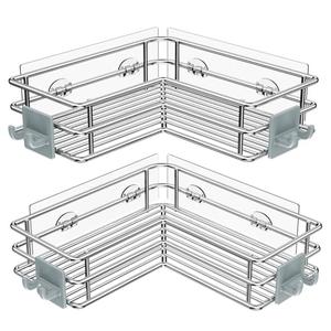 Nieifi Corner Shower Shelves Stainless Steel, Adhesive Shower Caddy Basket Rack with Hooks, Rust Proof for Bathroom Shelf Shampoo Holder (Silver, 2 Pack)