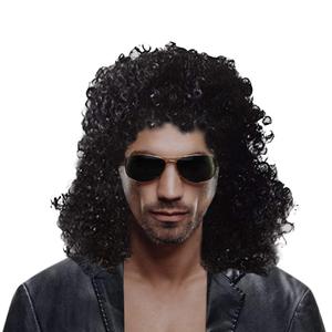 Cexin Men's Rocker Wig 70s 80s Men's Party Fancy Dress Halloween Wig Long Curly Black Mullet Rockstar Wig Fashion Smart Rocker Style Wigs Costume Hair Accessory Anime wig Beard stickers