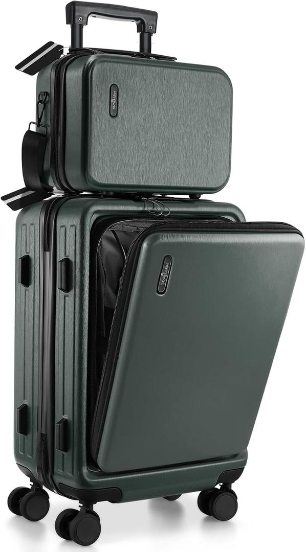 TRAVELARIM 20 Inch Carry On Luggage 22x14x9 Airline Approved, Carry On Suitcase with Wheels, Hard-shell Carry-on Luggage, Durable Luggage Carry-On, Green Small Suitcase with Cosmetic Case